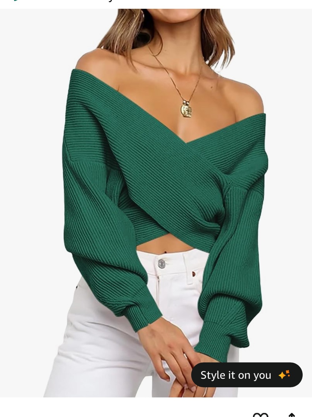 BTFBM Off-the-Shoulder Wrap Sweater in Forest Green